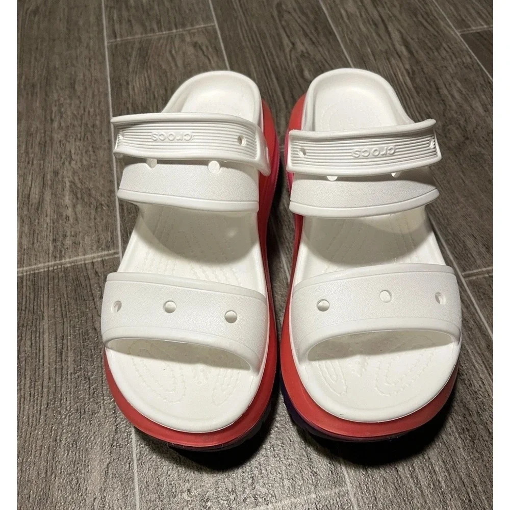 Crocs Crush Sandal Womens 9 White Pink Purple Excellent Platform Two Strap
